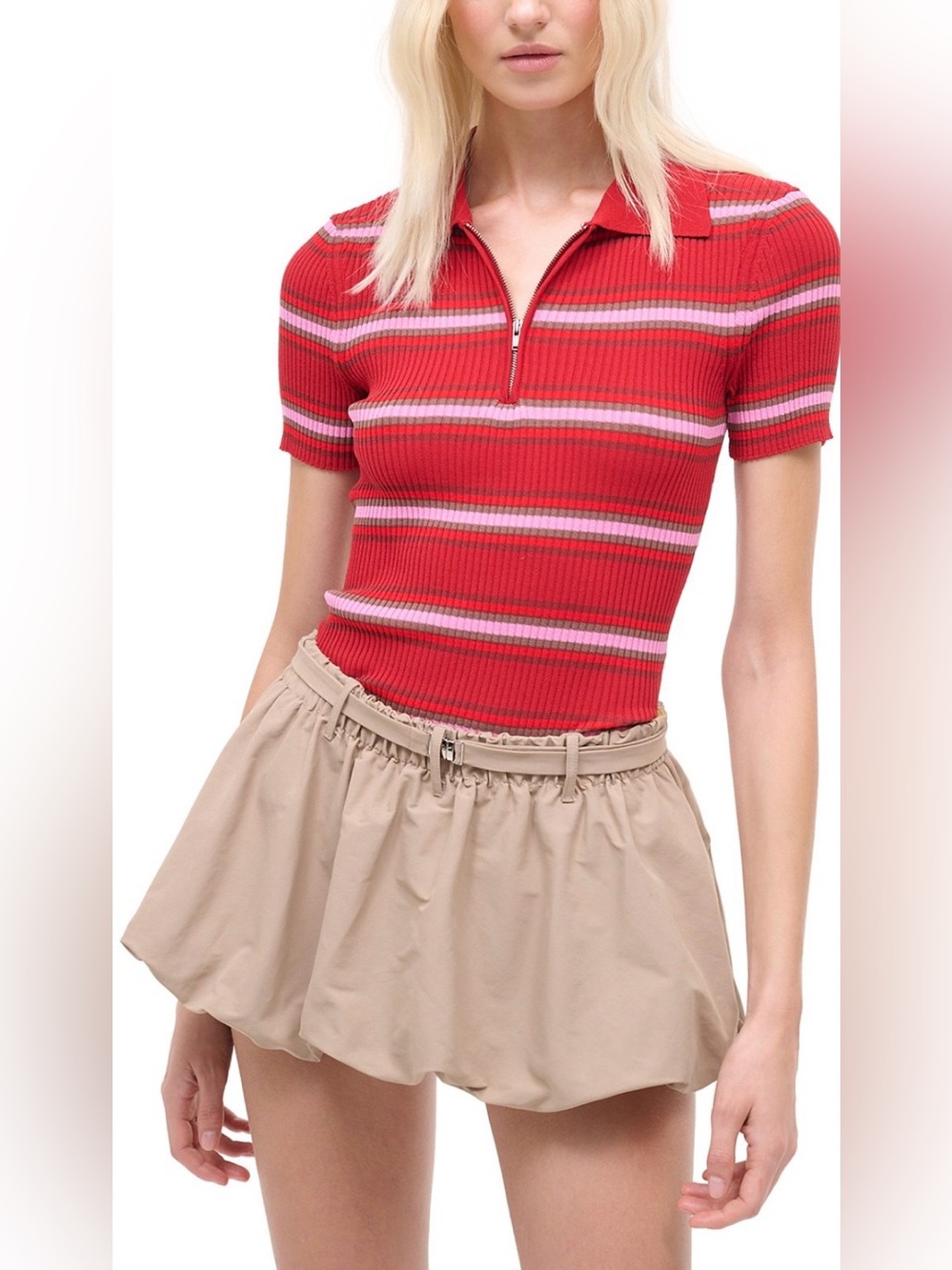 STAUD Ren Short-Sleeve Ribbed Polo in Red with Pink Stripes